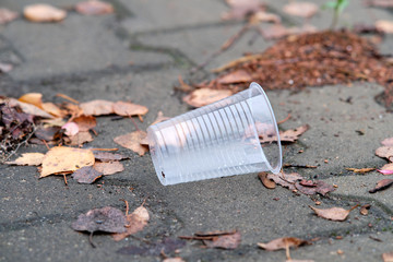 disposable plastic cup on the sidewalk