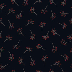 Winter seamless pattern branches berries on black background. Vector wrapping paper design template.