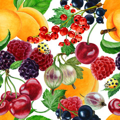 Background of apricot, raspberry, currant, cherry, blackberry, gooseberry, watercolor illustration. Seamless pattern.