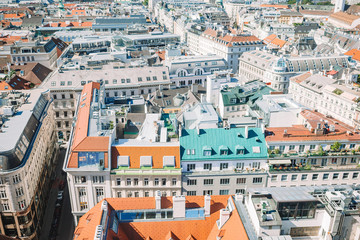 Fototapeta na wymiar View from St. Stephen's Cathedral over Stephansplatz square in Vienna, capital of Austria on sunny day