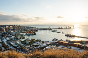 korsakov city port on a sunset
