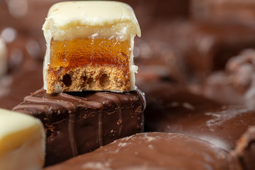 Appetizing food background. Assortment of chocolate handmade close up. Chocolate background. 