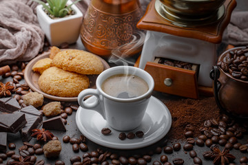 Black coffee on an old background in a cup