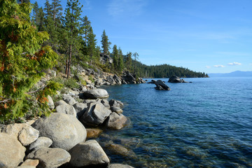 Fototapeta na wymiar Scenic view to Tahoe Lake near Bonsai Rock, Nevada, USA