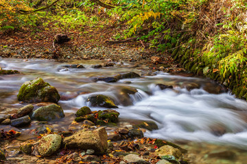 Fototapeta na wymiar View of stream in Naruko Gorge, autumn season, Miyagi, Japan