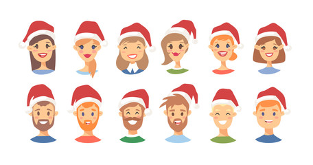 Drawing emotional character with Christmas hat. Cartoon style emotion icon. Holiday Flat illustration girl and boy avatar. Hand drawn vector emoticon women and man faces