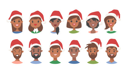 Drawing emotional character with Christmas hat. Cartoon style emotion icon. Holiday Flat illustration girl and boy avatar. Hand drawn vector emoticon women and man faces