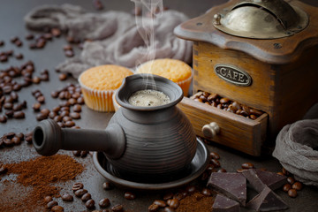 Black coffee on an old background in a cup