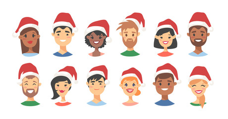 Drawing emotional character with Christmas hat. Cartoon style emotion icon. Holiday Flat illustration girl and boy avatar. Hand drawn vector emoticon women and man faces