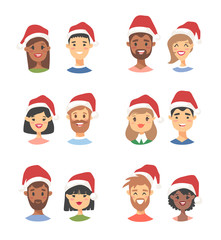 Drawing emotional character with Christmas hat. Cartoon style emotion icon. Holiday Flat illustration girl and boy avatar. Hand drawn vector emoticon women and man faces