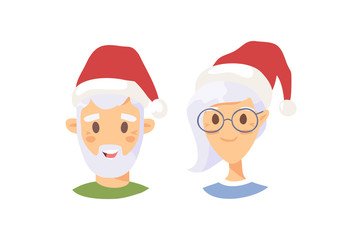 Drawing emotional character with Christmas hat. Cartoon style emotion icon. Holiday Flat illustration girl and boy avatar. Hand drawn vector emoticon women and man faces