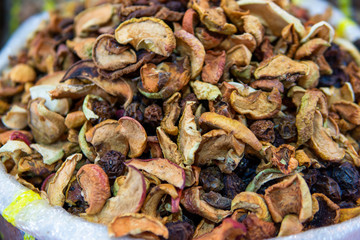 dried and sliced fruits in sacks