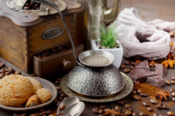 Black coffee on an old background in a cup