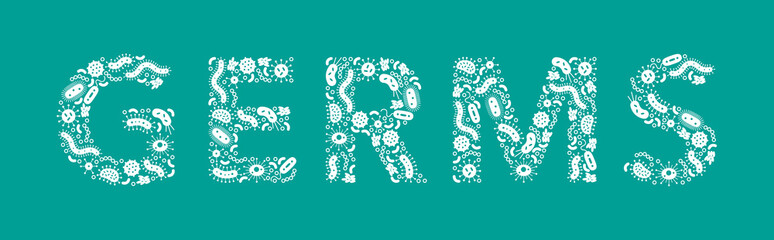 white germs / bacteria spelling the word Germ on a green background - Vector illustration