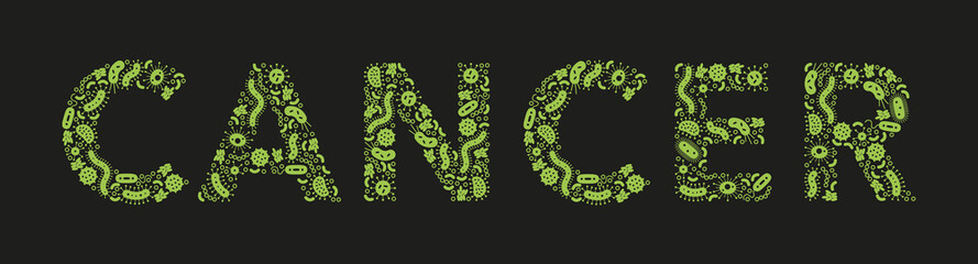 green germs / bacteria spelling the word cancer on a black background - Vector illustration