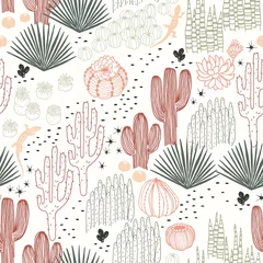 Foto op Canvas Mexican seamless pattern with cacti, succulents and lizards, wilderness, environment, landscape. Vector hand drawn illustration in vintage style on ivory background. © Nikole