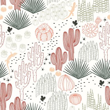 Mexican seamless pattern with cacti, succulents and lizards, wilderness, environment, landscape. Vector hand drawn illustration in vintage style on ivory background. © Nikole