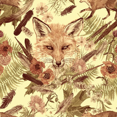 Seamless watercolor hand drawn vintage pattern with bear heads, flowers, feathers.
