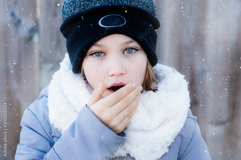 Sticker beautiful sick girl in winter