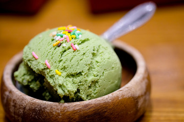 Green tea matcha ice cream scoop