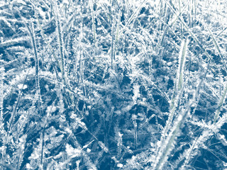 winter background with snowflakes crystals patterns and snow on frozen grass