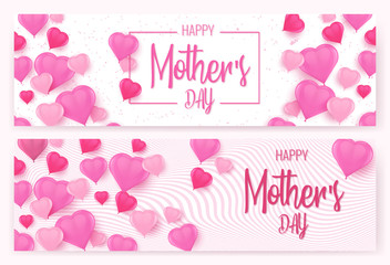 Happy Mothers day background layout with pink heart shaped balloons