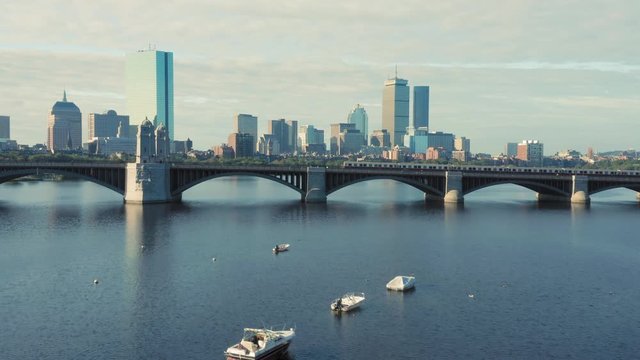 Aerial drone the longfellow Bridge over the Charles River and the Boston City Skyline. Boston, Massachusetts, USA