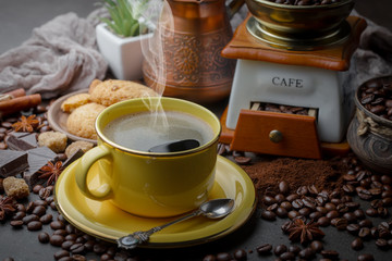 Black coffee on an old background in a cup