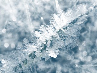 winter background with snowflakes crystals patterns and snow on frozen grass