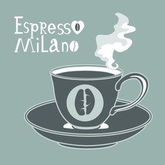 coffee cup and saucer from which steam comes on a gray isolated background with the inscription in the oriental style Espresso Milano