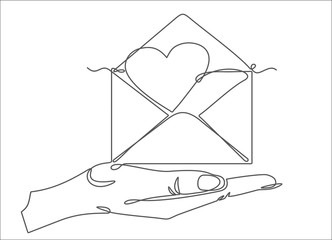 One continuous line drawing of hand holding Heart in envelope. Vector illustration. St.  Valentine's Day