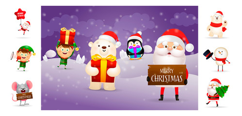 Merry Christmas card with cartoon Santa and bear. Text with decorations can be used for invitation and greeting card. New Year concept