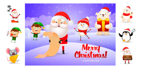 Merry Christmas card with Santa reading paper. Text with decorations can be used for invitation and greeting card. New Year concept
