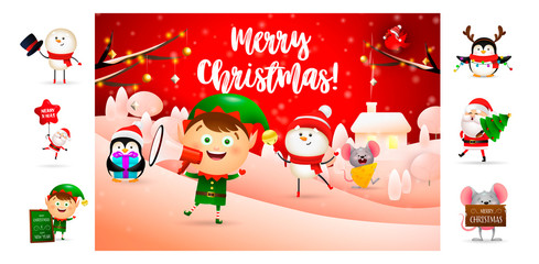 Fototapeta premium Merry Christmas greeting card with cute cartoon elf. Text with decorations can be used for invitation and greeting card. New Year concept