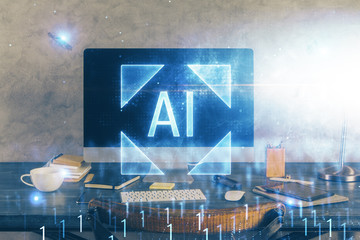 Technology theme drawing and table with computer. Double exposure. Concept of information.