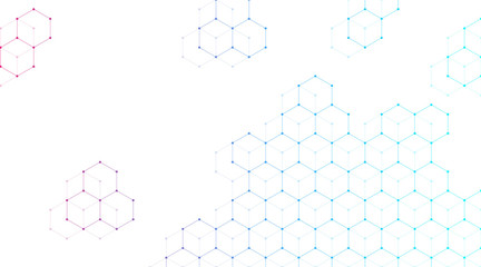 Technology abstract lines and dots connect background with hexagons. Hexagons connection digital data and big data concept. Hex digital data visualization. Vector illustration.