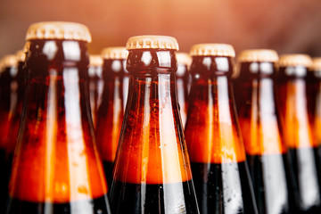 Brown glass beer drink alcohol bottles, brewery conveyor, production line