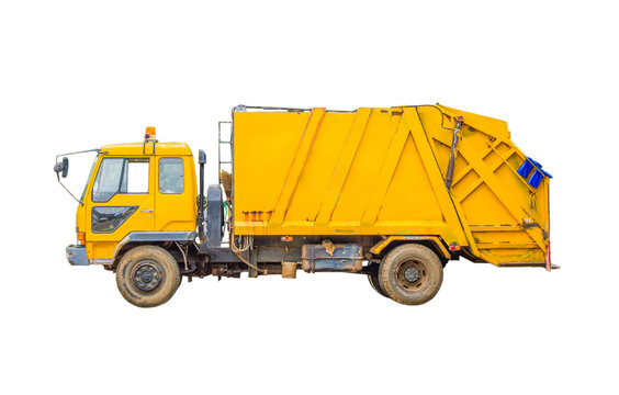 Old Garbage Truck Isolated On White Background , Pollution Concept