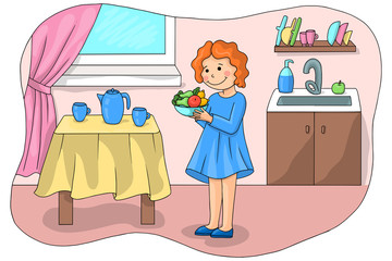 Girl washes vegetables before eating. Children vector illustration