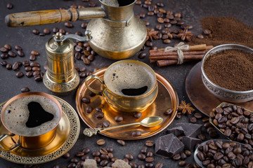 Black coffee on an old background in a cup