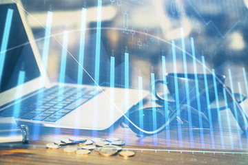 Multi exposure of forex chart and work space with computer. Concept of international online trading.