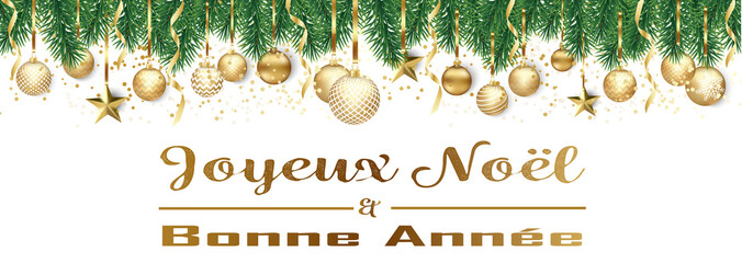 Bannière ou carte de noël et nouvel an -  Joyeux Noël et bonne année sapin boules dorés – serpentin étoile confettis fond blanc
