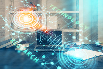 Technology theme drawing and work space with computer. Multi exposure. Concept of innovation.