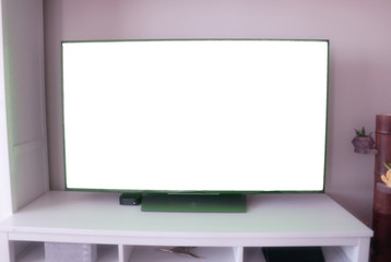 Home design, LCD led television with white screen. Mock up TV