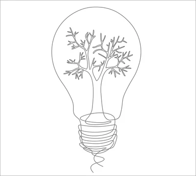 Continuous one line drawing light bulb and tree. World environment