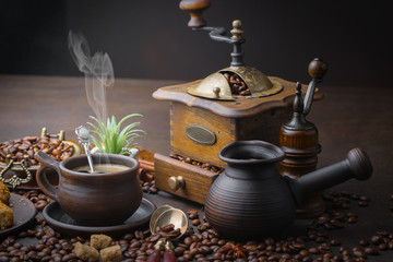 Black coffee on an old background in a cup