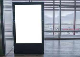 Airport hall billboard mock up with white screen, alpha channel. Business concept, indoor board, empty frame.