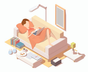 Girl with laptopat working at home on sofa. Freelancer concept. Home office icon. Vector isometric illustration