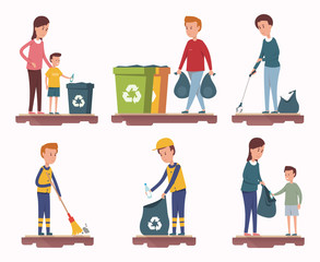 Garbage collection set. People picking up rubbish. Vector flat design illustration isolated white background.