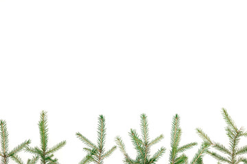 Christmas frame of fir branches on white background. New Year background. Flat lay